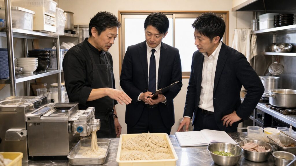 製麺室と仕込み場で店主と買い手企業が麺とスープの設備を確認している様子