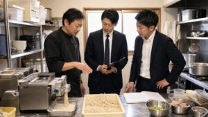 製麺室と仕込み場で店主と買い手企業が麺とスープの設備を確認している様子