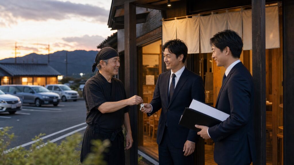 地方のロードサイドラーメン店前で店主と承継先担当者が握手する様子