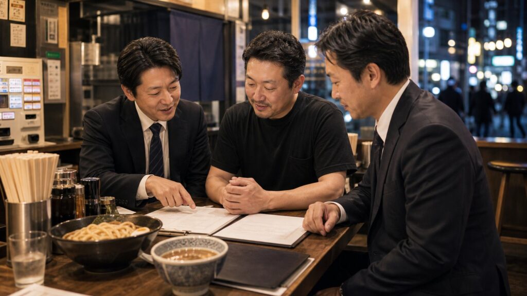 駅前つけ麺店のカウンターで店長と譲受企業担当者が引継ぎ資料を確認する様子