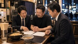 駅前つけ麺店のカウンターで店長と譲受企業担当者が引継ぎ資料を確認する様子