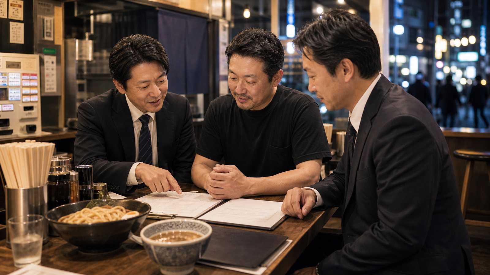 駅前つけ麺店のカウンターで店長と譲受企業担当者が引継ぎ資料を確認する様子