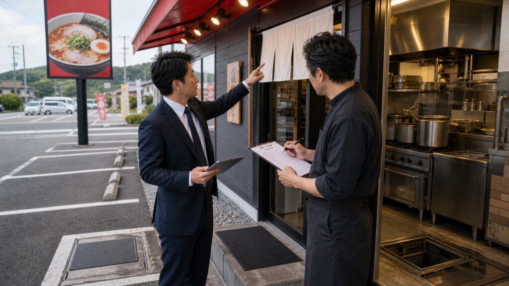 ロードサイドのラーメン店前で駐車場と看板と厨房設備を確認する担当者