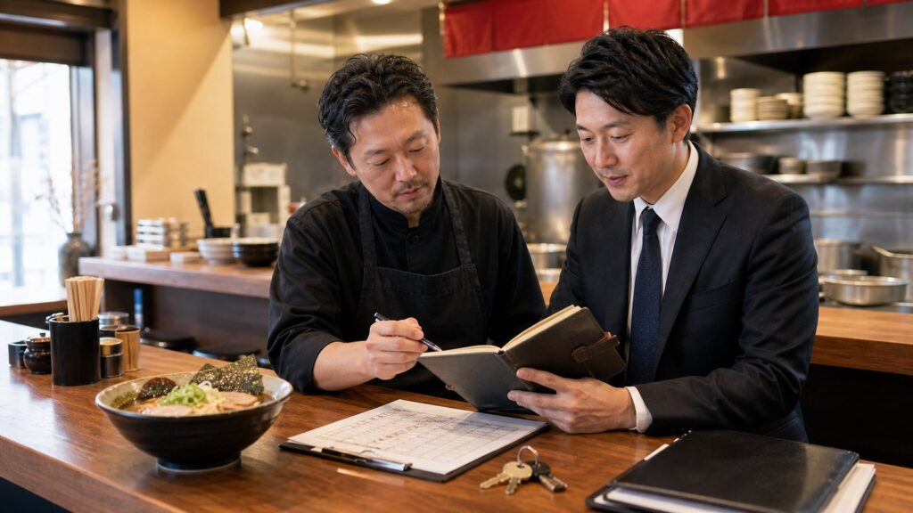 ラーメン店主とアドバイザーが厨房横のテーブルでレシピ帳と引継ぎ資料を確認している様子