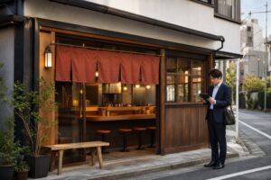 ラーメン店の外観と商圏を確認するアドバイザーの様子