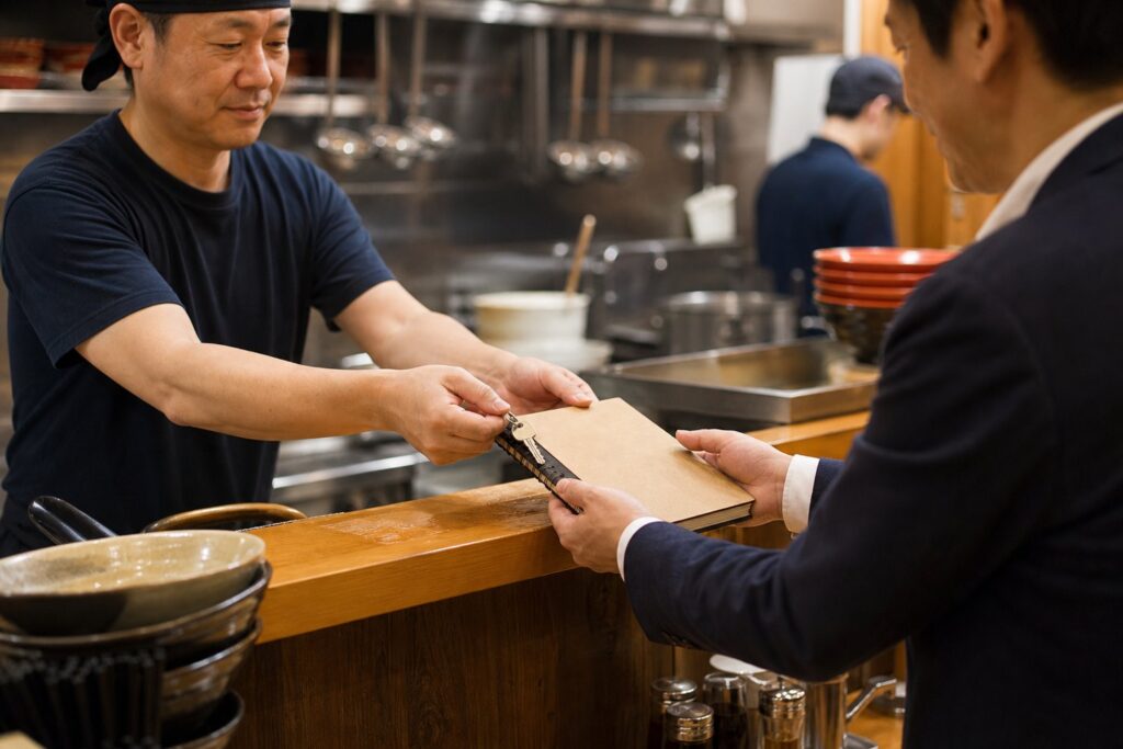 ラーメン店の承継で鍵とレシピノートを引き継ぐ様子