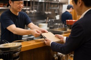 ラーメン店の承継で鍵とレシピノートを引き継ぐ様子