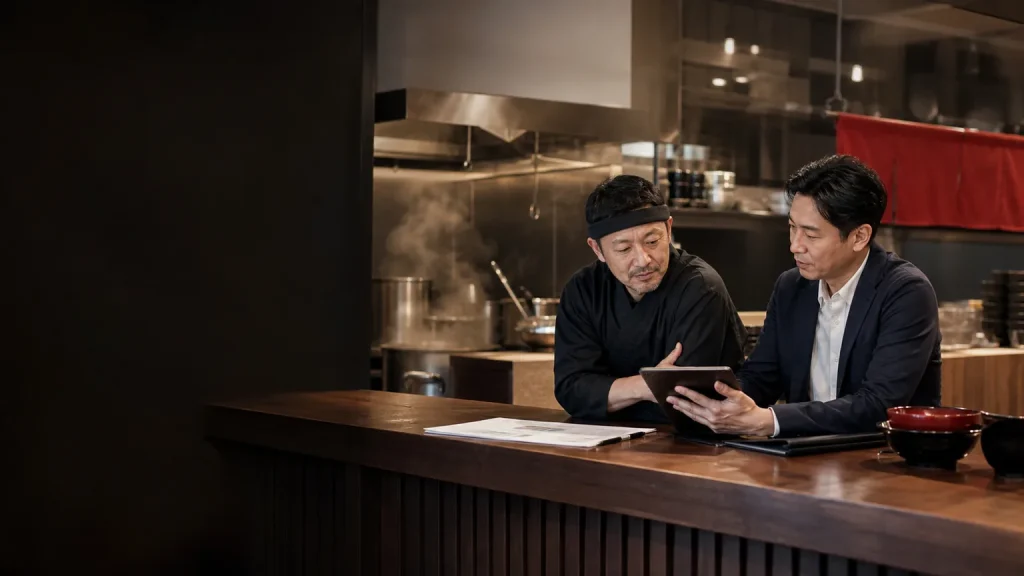ラーメン店オーナーとM&Aアドバイザーが承継について相談している様子