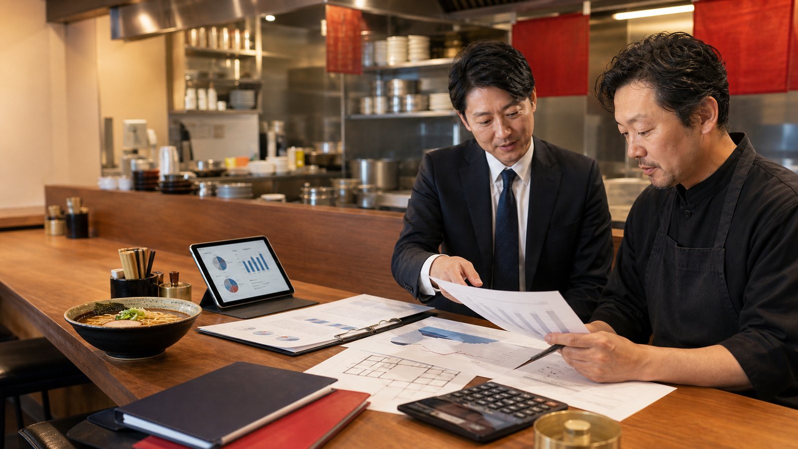 ラーメン店で店主とM&A担当者が売上資料と設備計画を確認する様子