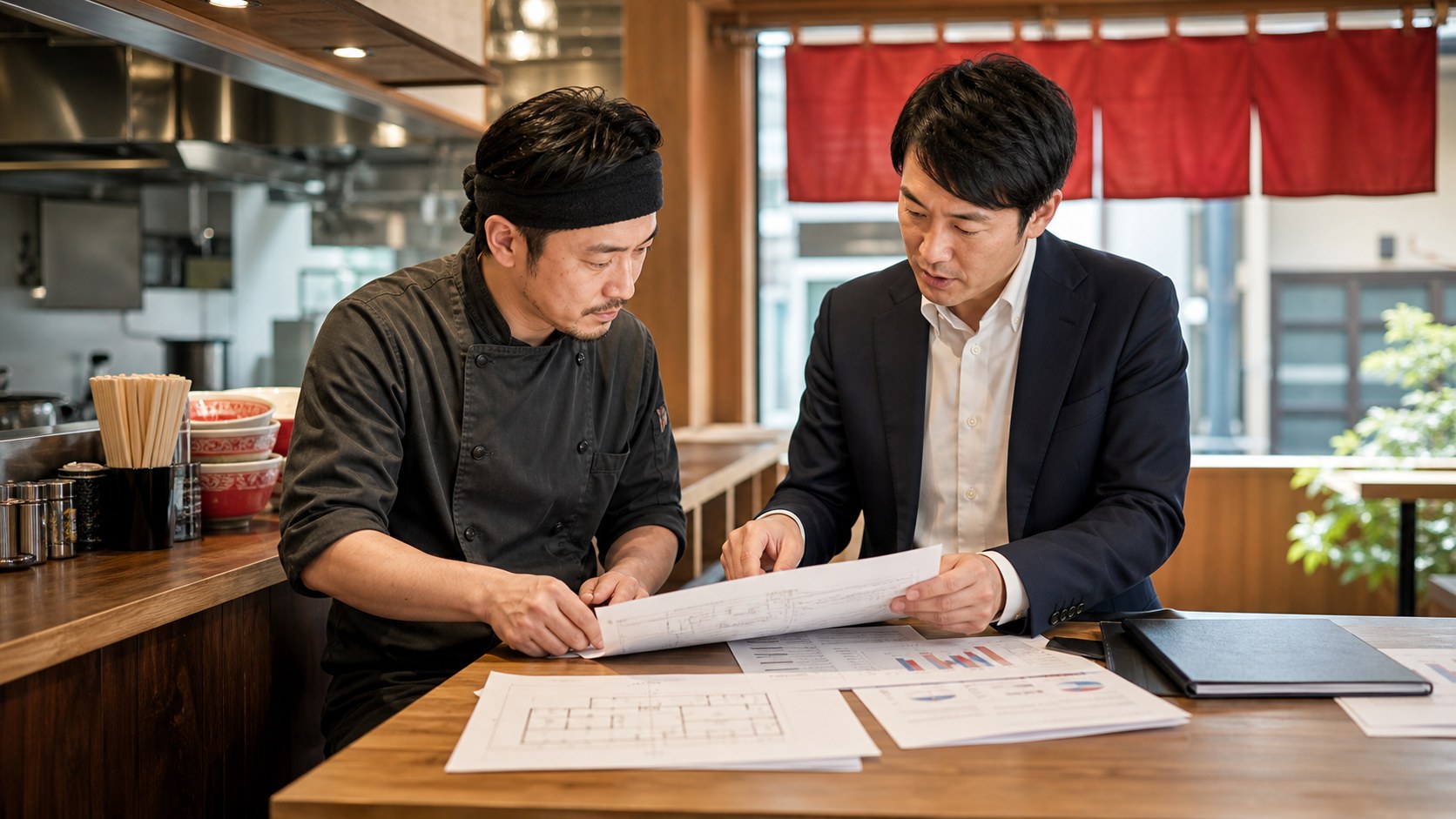 ラーメン店主とM&A担当者が秘密保持を前提に店舗資料を確認する様子