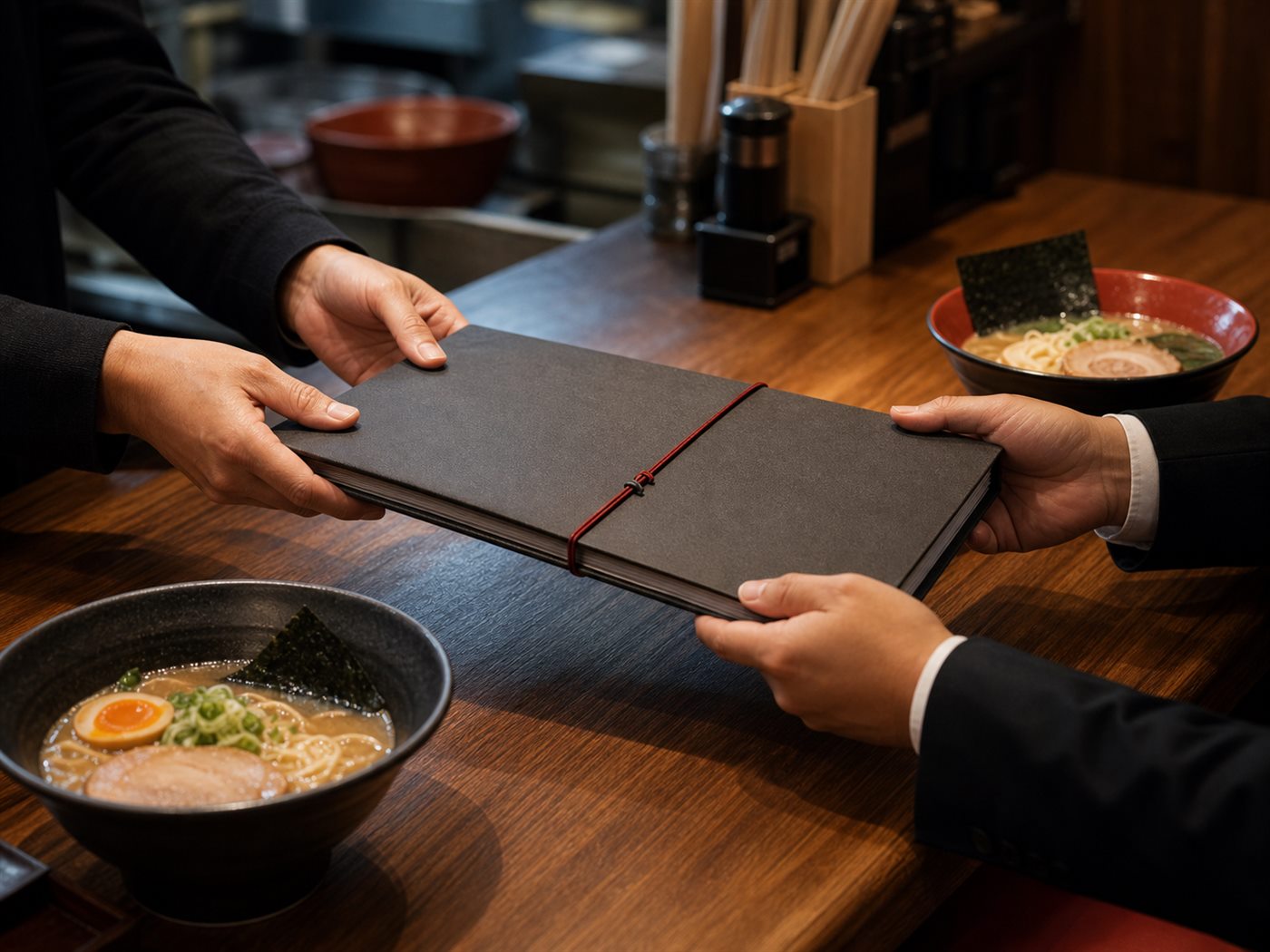ラーメン店の承継で鍵とレシピノートを引き継ぐ様子