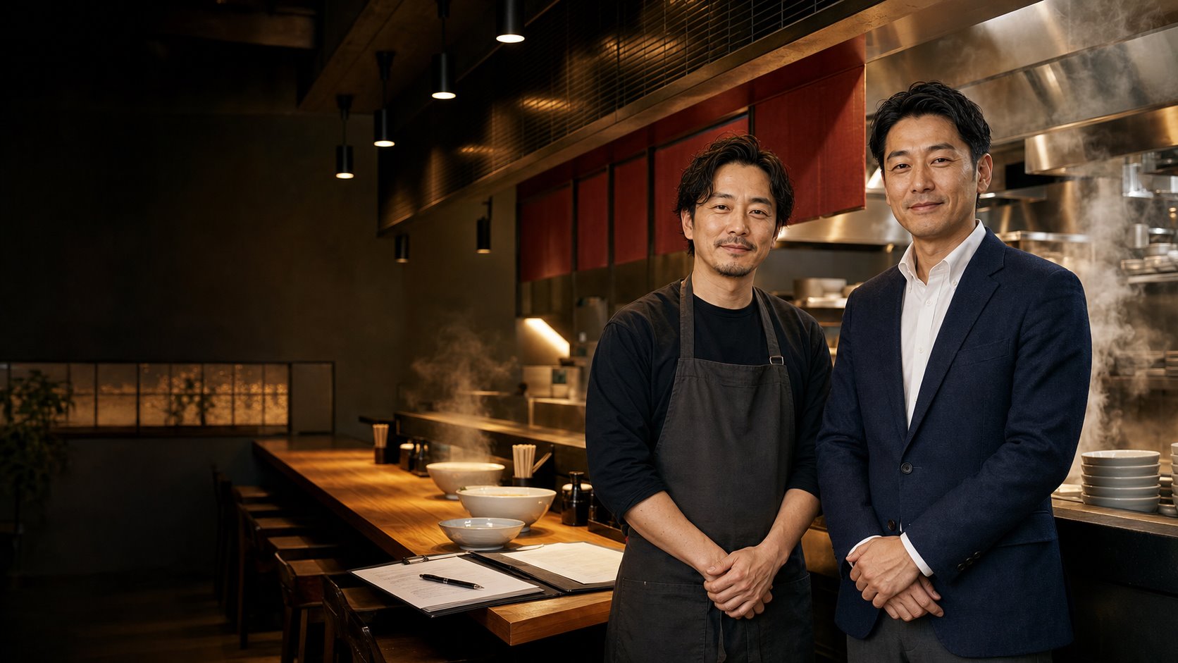 ラーメン店オーナーとM&Aアドバイザーが相談している様子