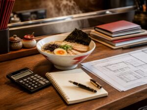 ラーメン店の売上資料と店舗図面を確認する様子