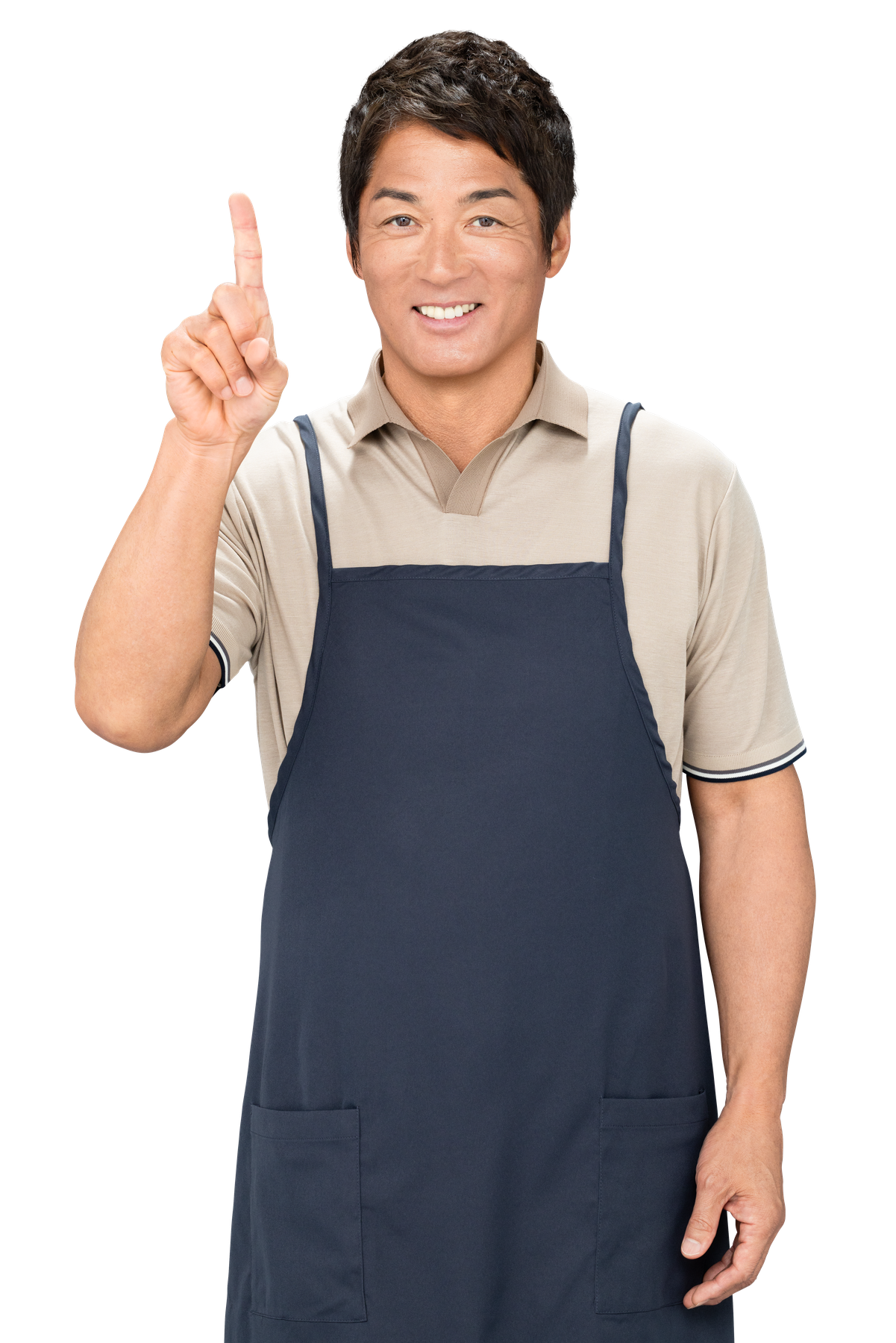 エプロン姿で指を立てる長嶋一茂