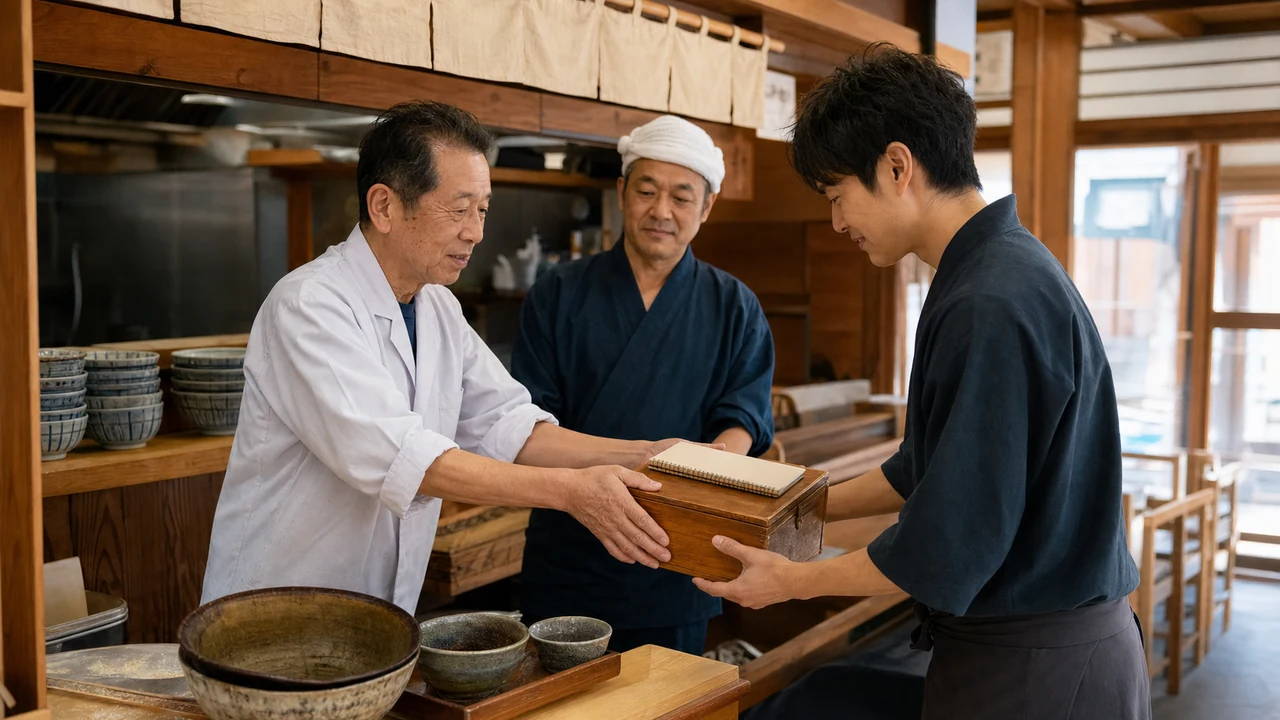 老舗麺店で店主が後継者へレシピ箱を引き継ぐ場面