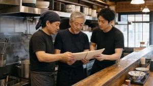 ラーメン店の厨房でレシピ資料を確認する店主と譲受企業とスタッフ