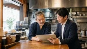 ラーメン店のカウンターで売却資料を確認する店主とM&A担当者