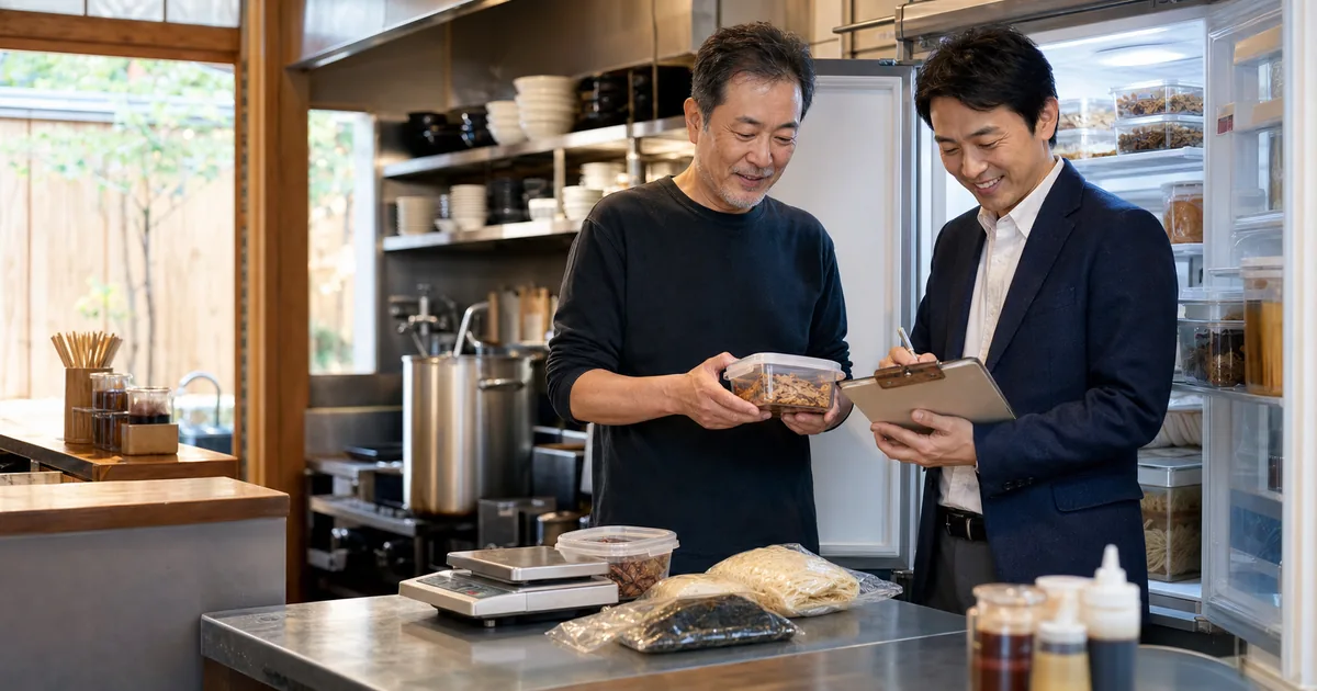 ラーメン店M&Aの在庫棚卸で冷蔵庫内の食材と台帳を確認する店主と承継担当者