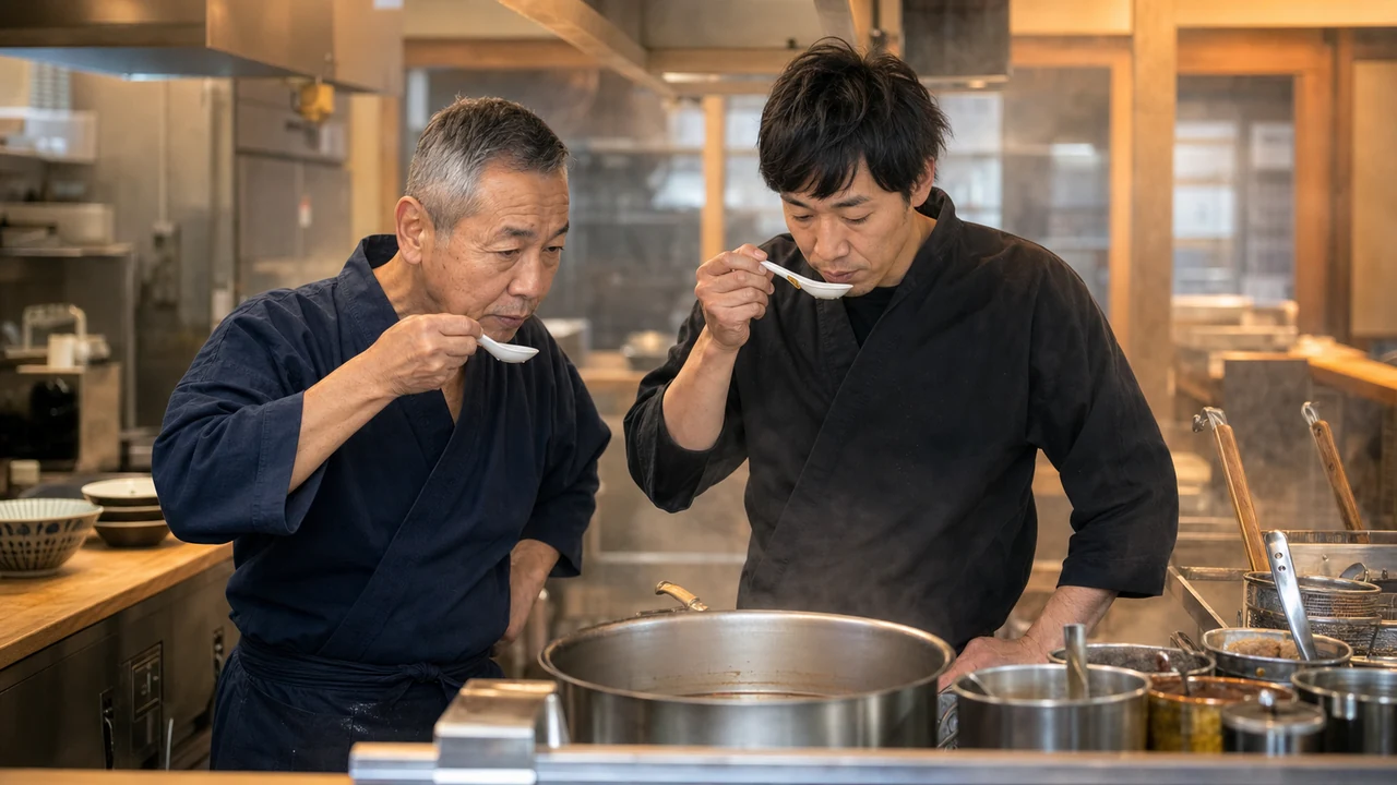 ラーメン店の厨房でスープを味見しながら技術を引き継ぐ店主と後継者