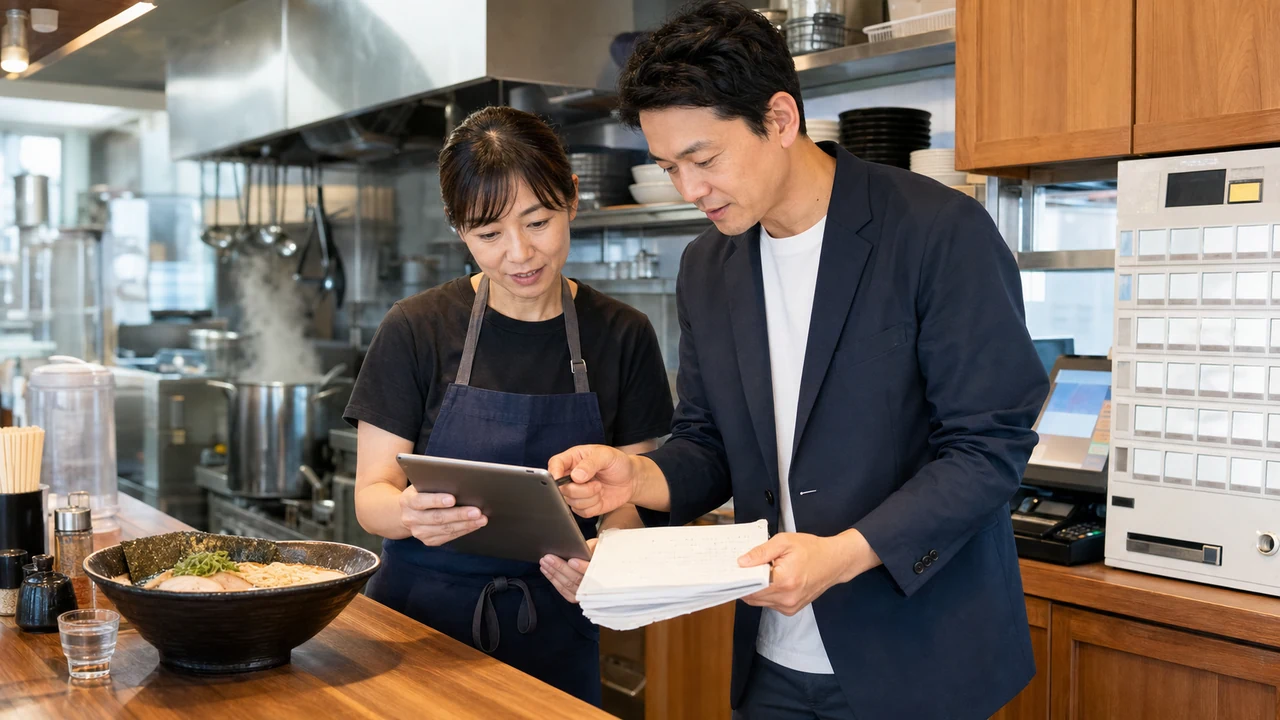 ラーメン店の厨房でタブレットと営業資料を確認する店主とM&A担当者