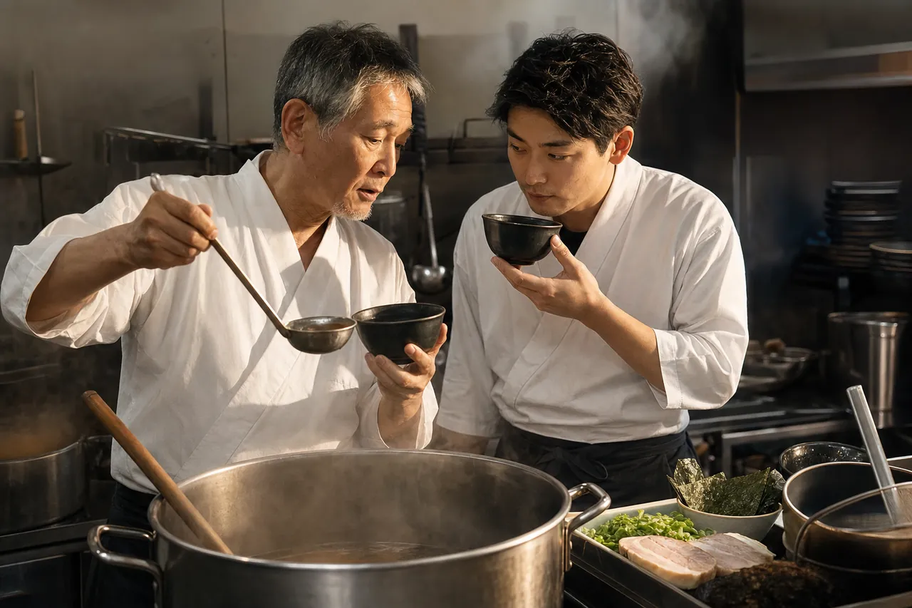 ベテラン店主が次の担い手とスープの味を確認する様子