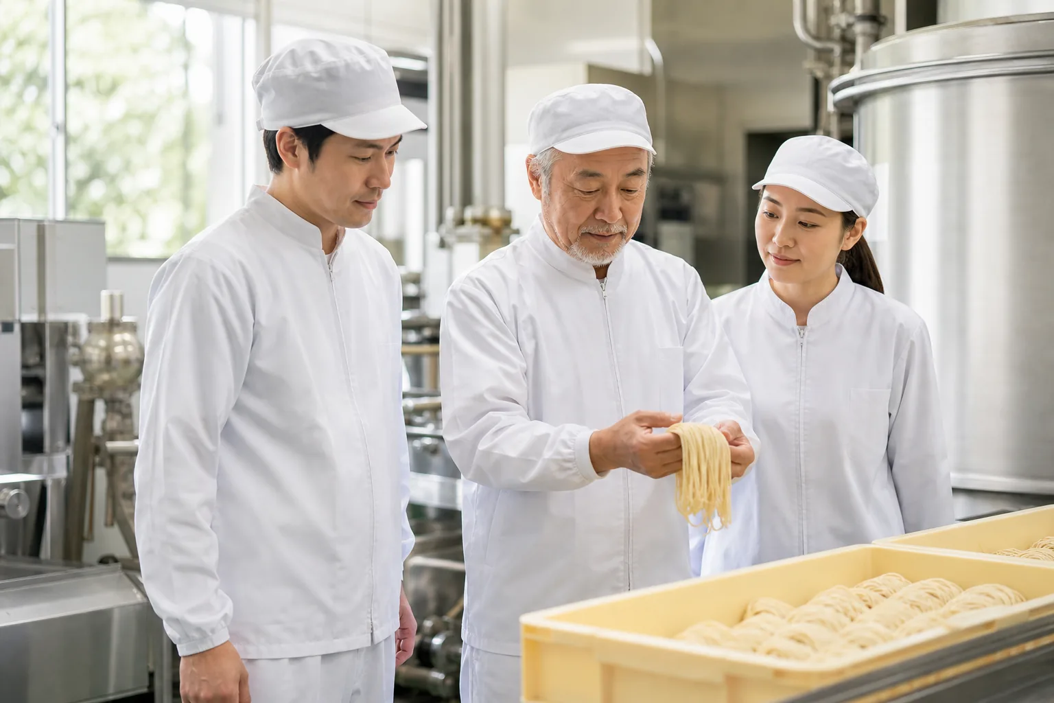 製麺工場で麺の品質を確認する事業承継チーム