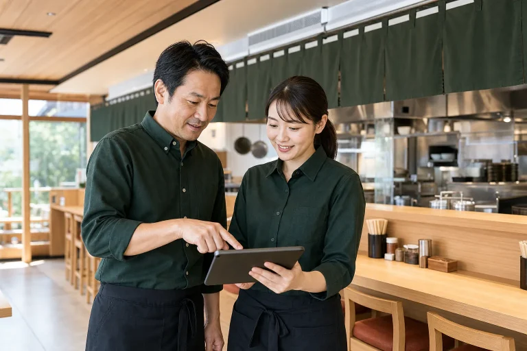 ラーメン店内でPOSデータを確認するマネージャーと店長