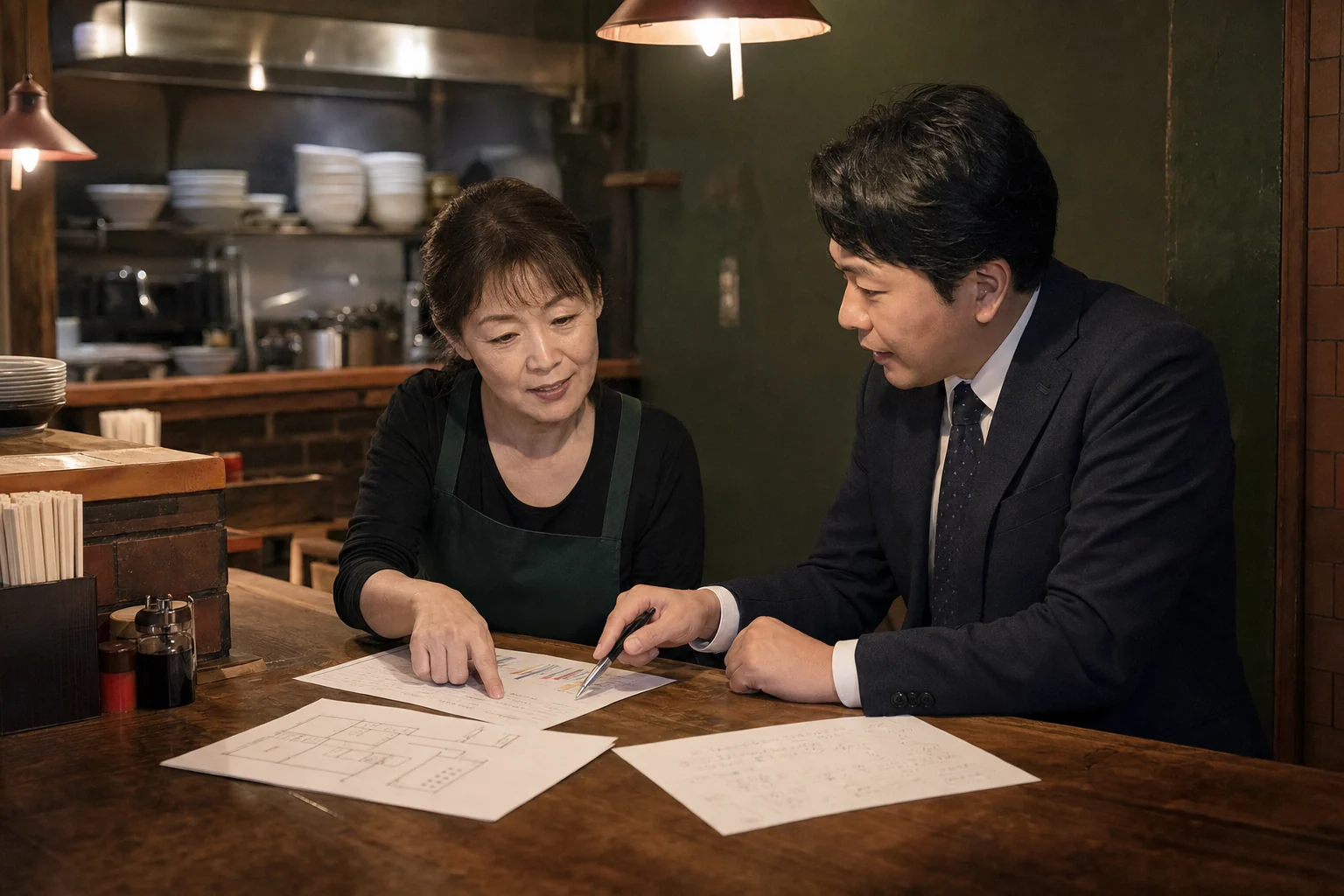 ラーメン店の女性オーナーとアドバイザーが売上資料や店舗図面を確認する様子