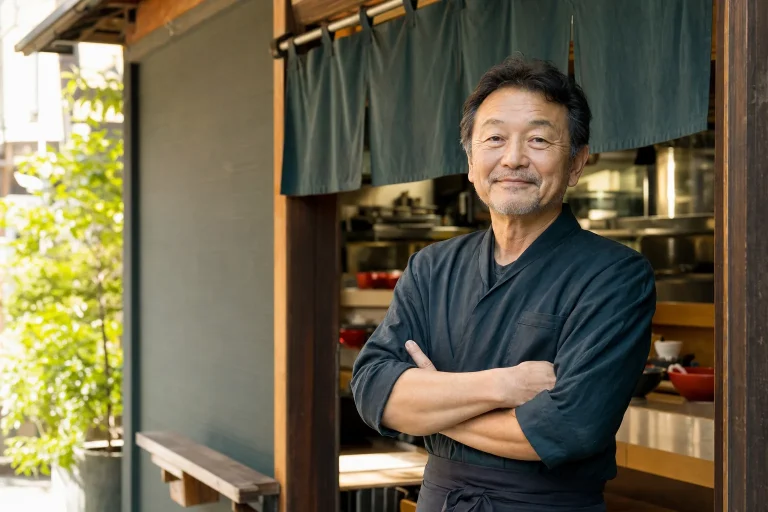 ラーメン店の店頭に立つ個人店オーナー