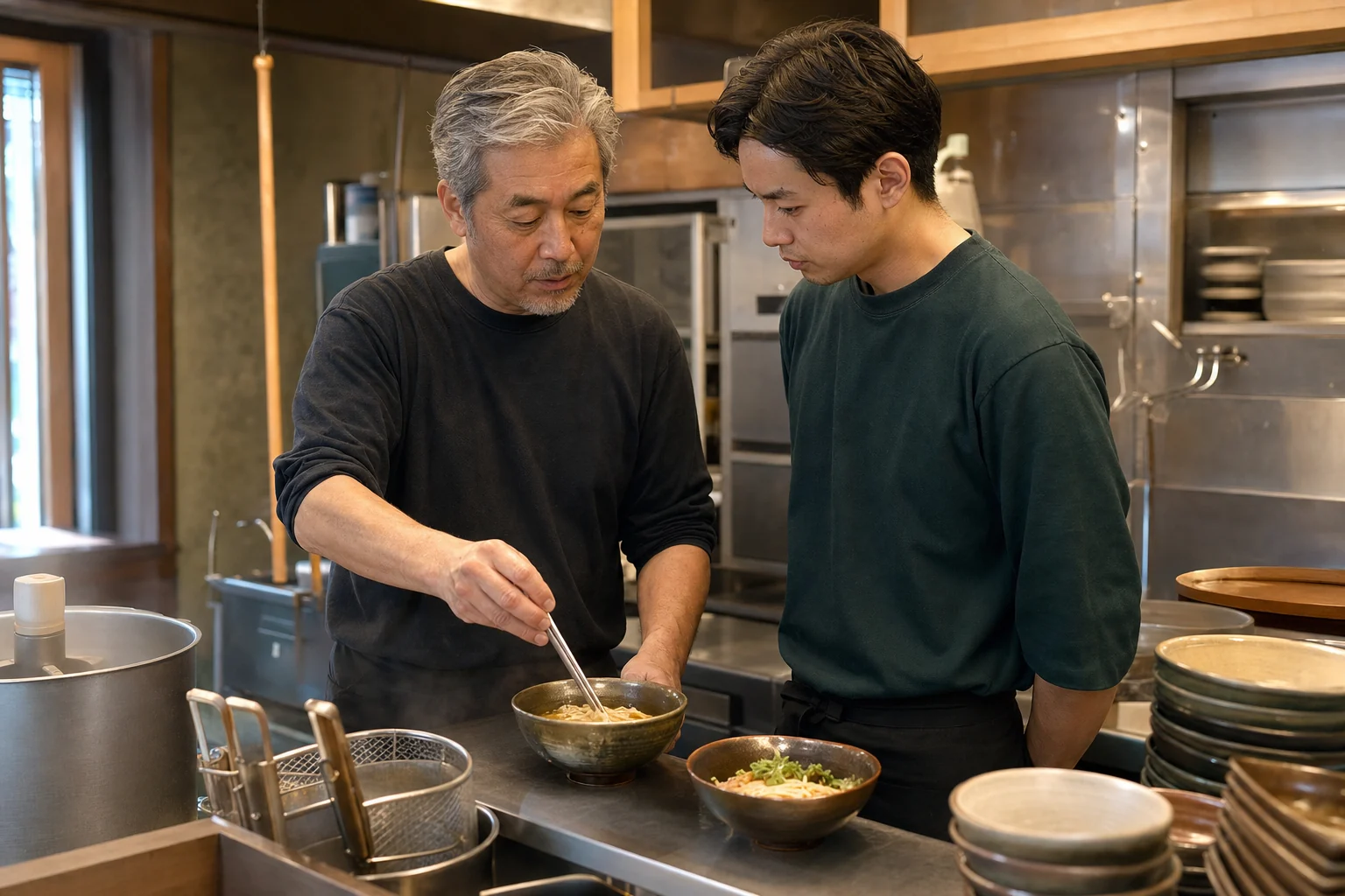 ベテラン店主が次の担い手に厨房でラーメン作りを引き継ぐ様子
