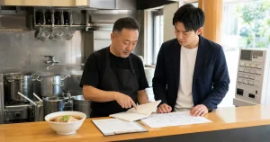 中華そば店のM&Aに向けてレシピ帳と店舗図面を確認する店主と承継担当者