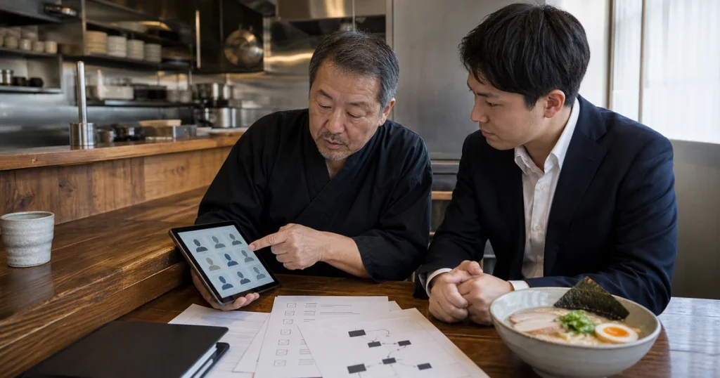 ラーメン店M&Aの商標・屋号・デジタル資産承継を確認する店主と専門家