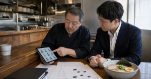 ラーメン店M&Aの商標・屋号・デジタル資産承継を確認する店主と専門家