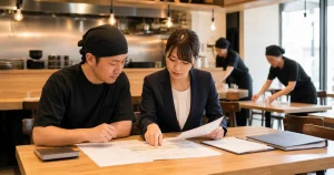 ラーメン店M&Aの労務DDで勤務資料を確認する店主と専門家