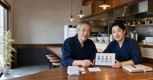 回数券とポイント制度の承継を話し合うラーメン店主と後継者