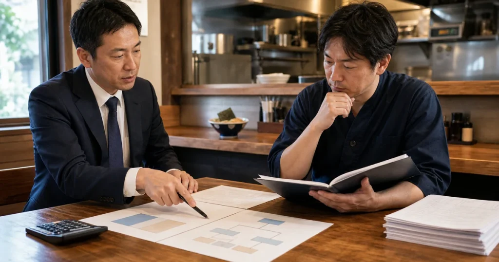 ラーメン店M&Aの税金と手取り額を資料で検討する経営者と専門家