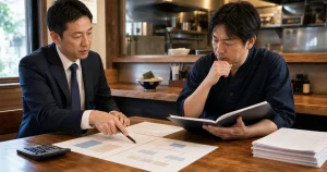 ラーメン店M&Aの税金と手取り額を資料で検討する経営者と専門家