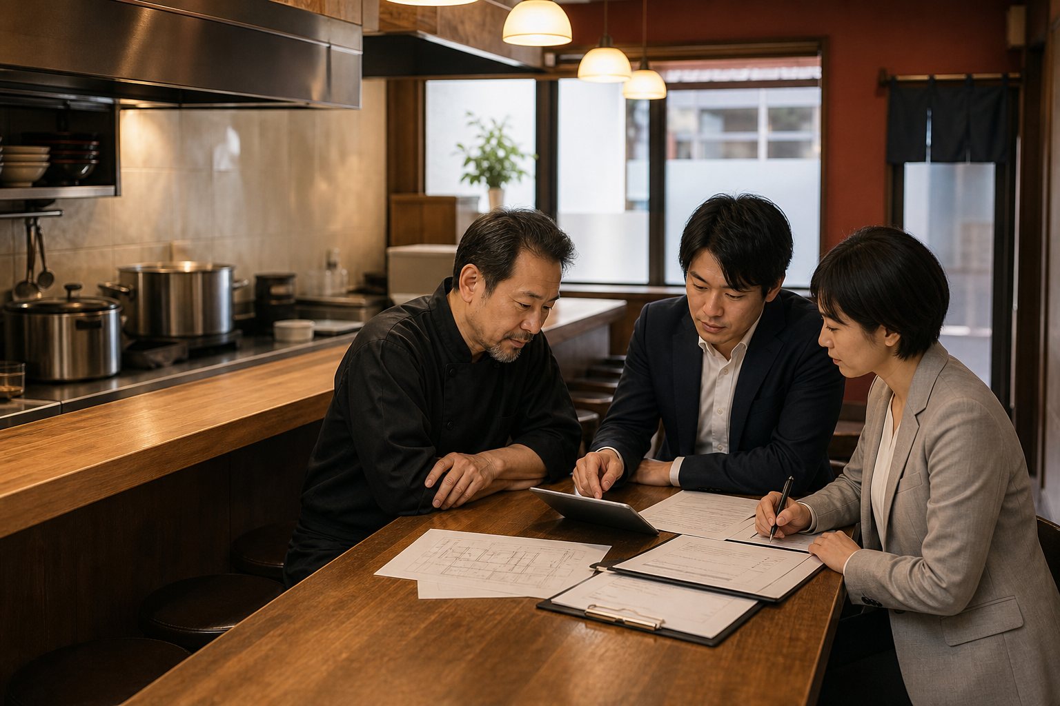 ラーメン店の事業承継条件を確認する店主と買い手とM&A担当者