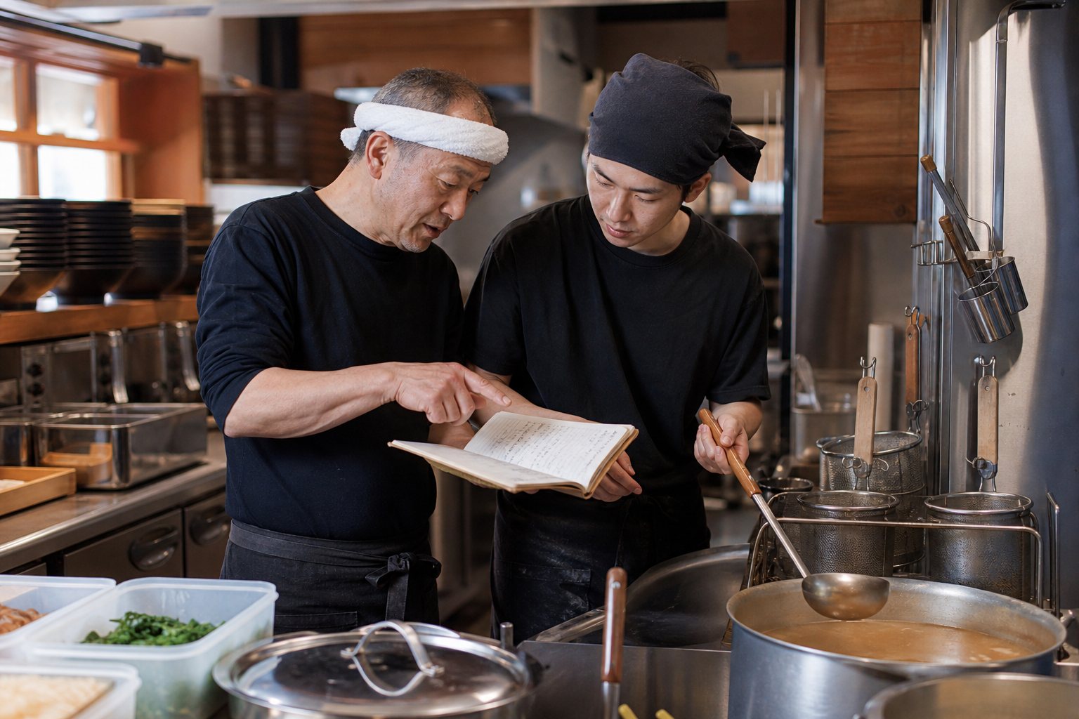 ラーメン店のレシピと仕込み工程を引き継ぐ店主と後継者