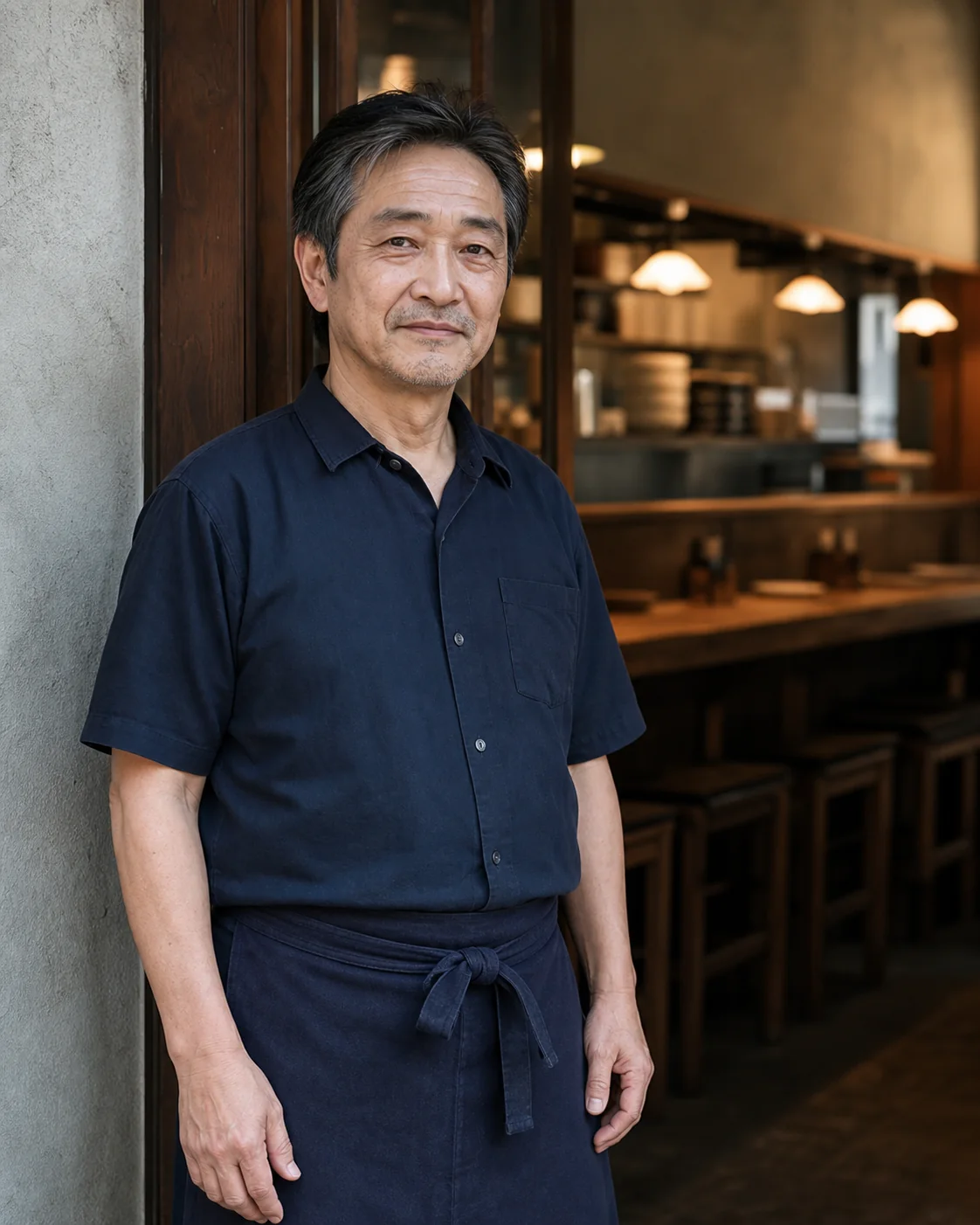 営業前の店頭に立つラーメン店主のイメージ